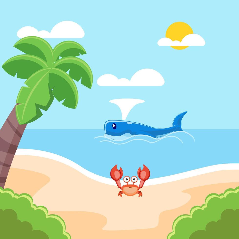Flat illustration summer beach seasion with crab and great whale vector