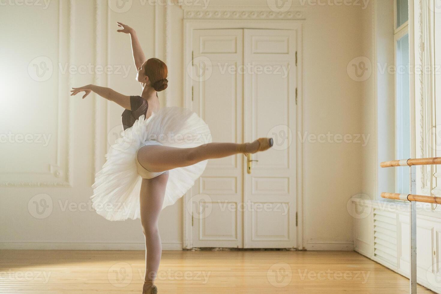 Young ballerina in tutu skirt dancing practicing ballet positions in dance class. Young classical dancer woman in dance studio. Ballet class training. Ballet school concept photo