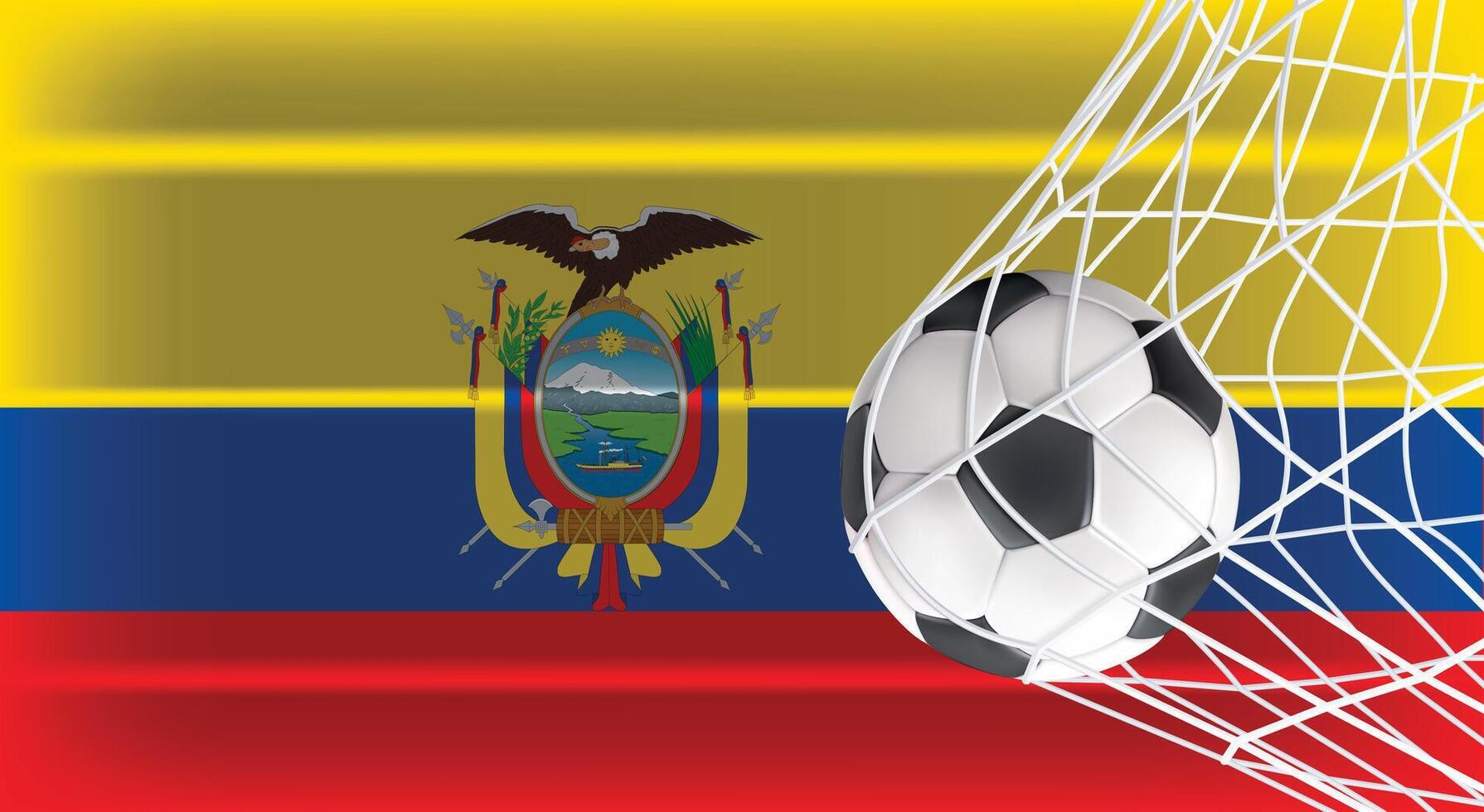 Soccer or Football ball in Goal Net Isolated on Ecuador Shaded Flag, Sports Accessory Equipment for Playing Game, Championship vector