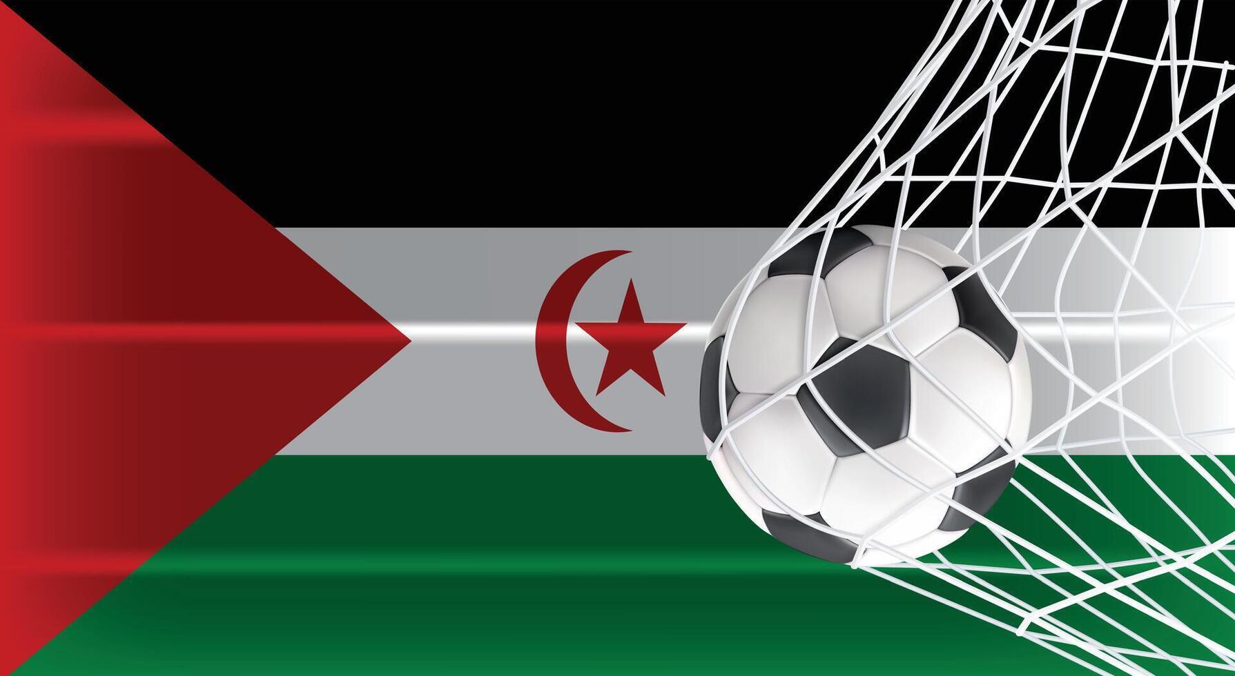 Soccer or Football ball in Goal Net Isolated on Sahrawi Arab Democratic Republic Western Sahara Shaded Flag, Sports Accessory Equipment for Playing Game, Championship vector