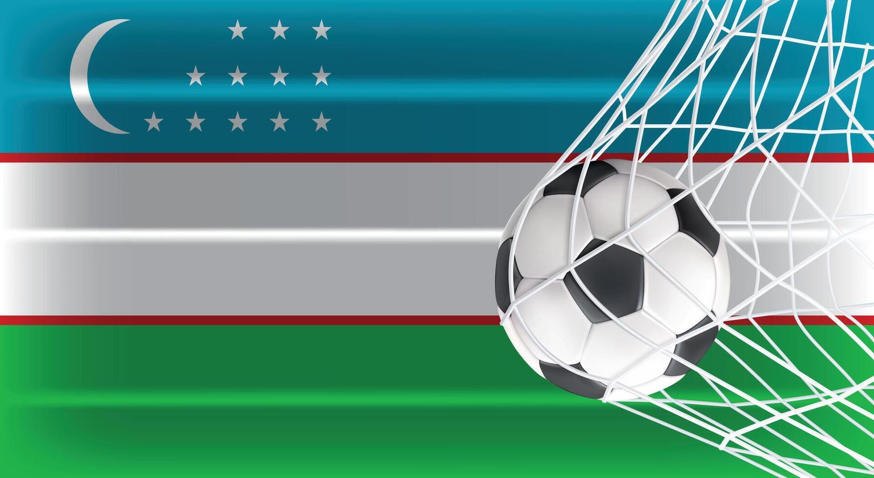 Soccer or Football ball in Goal Net Isolated on Uzbekistan Shaded Flag, Sports Accessory Equipment for Playing Game, Championship vector