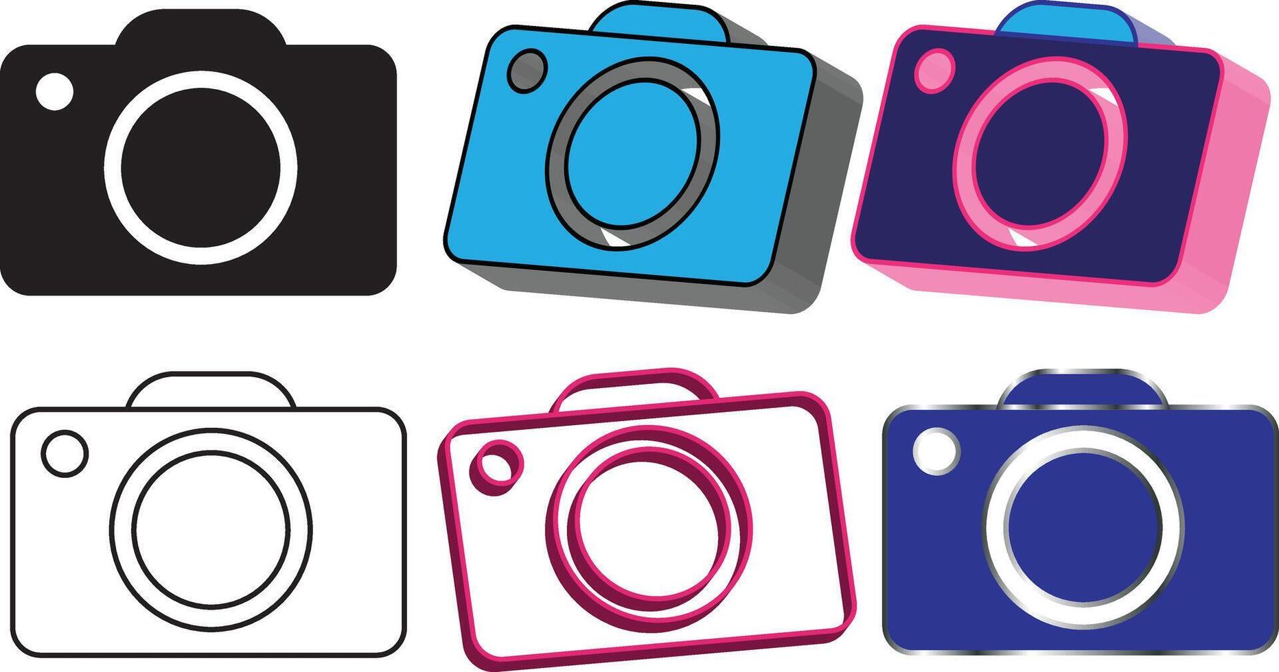 Camera icons set with simple and 3d designs black sky blue pink and blue Camera logos bundle vector