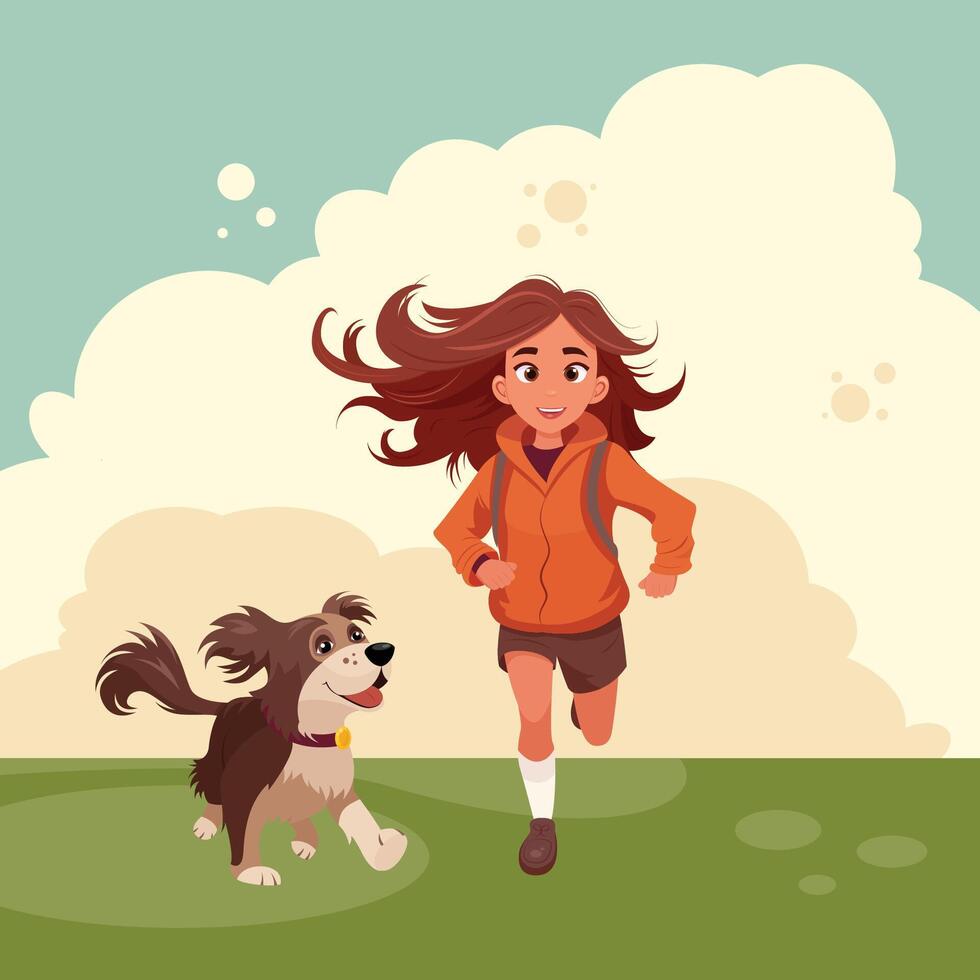 Cute little girl running with her dog in the park illustration vector