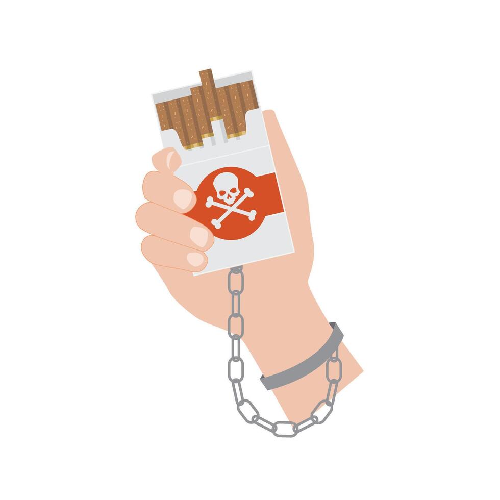 Tobacco abuse concept. Pack of cigarettes chained to hand shackles. No smoking. Rejection, proposal smoke. vector