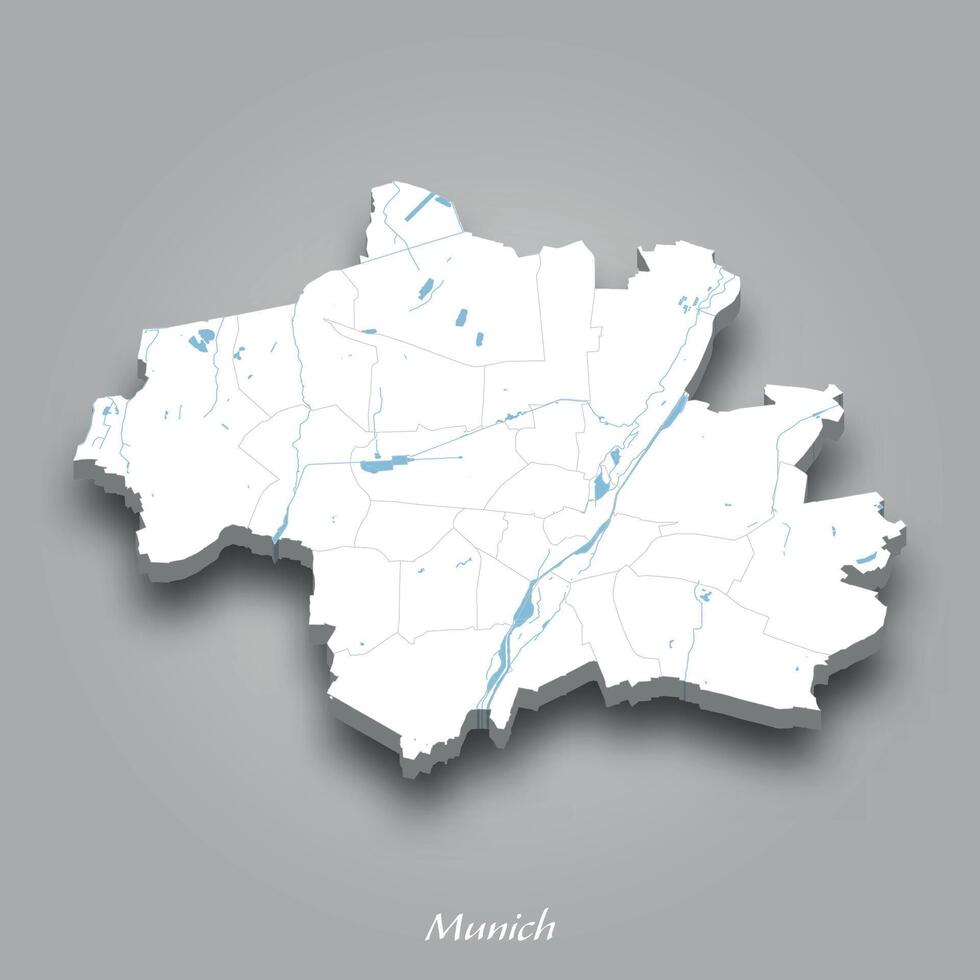 3D Map of Munich with Waterways Highlighted vector