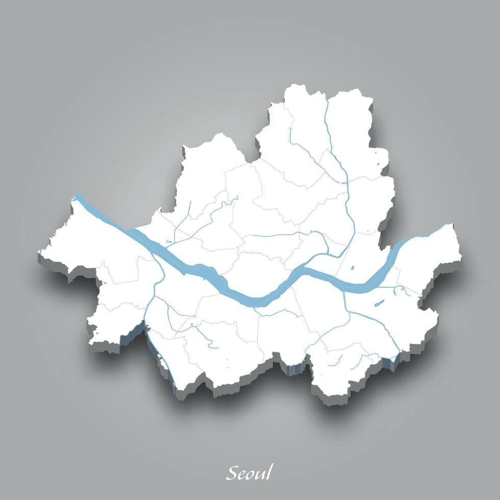 3D Map of Seoul with Waterways Highlighted vector