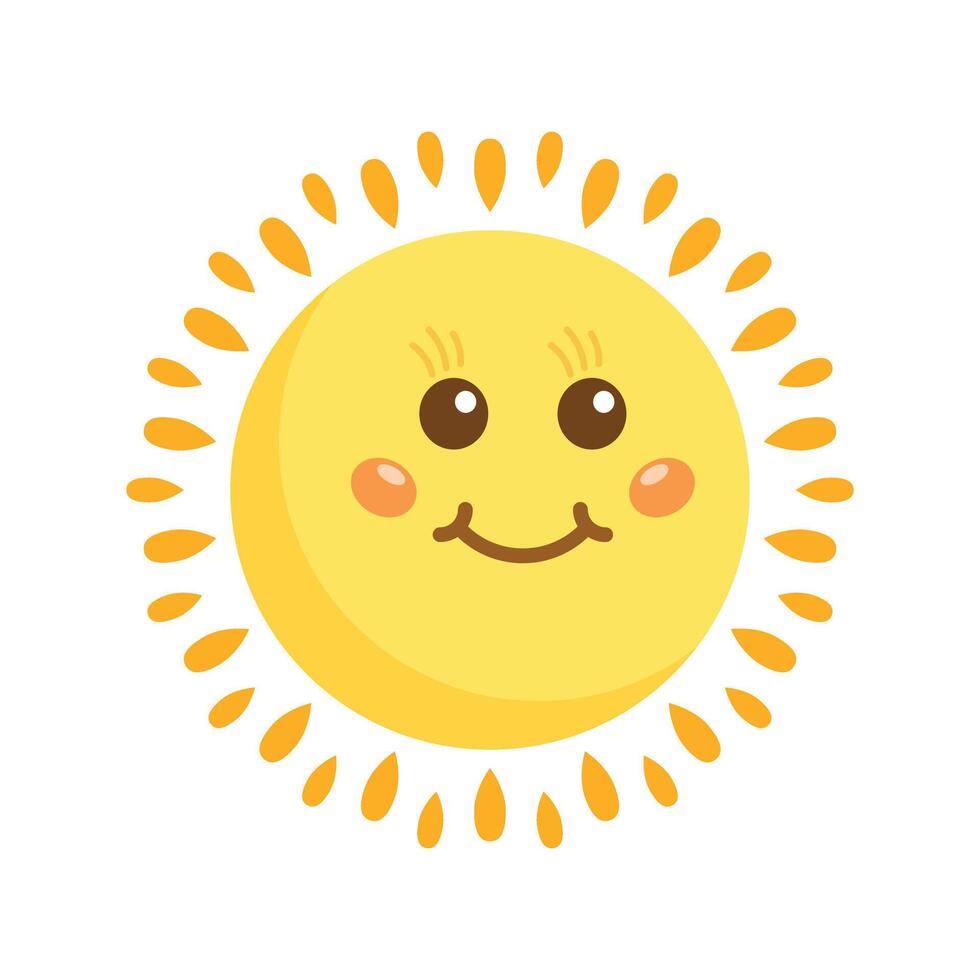 Funny sun with face icon in flat style. Summer sunshine emoji illustration on isolated background. Smiling sun sign business concept. vector