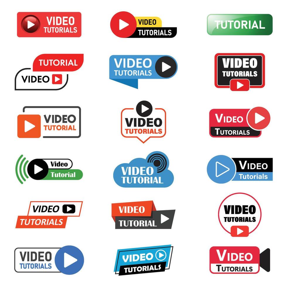 Play tutorials icon set in flat style. Education software illustration on isolated background. Webinar training sign business concept. vector