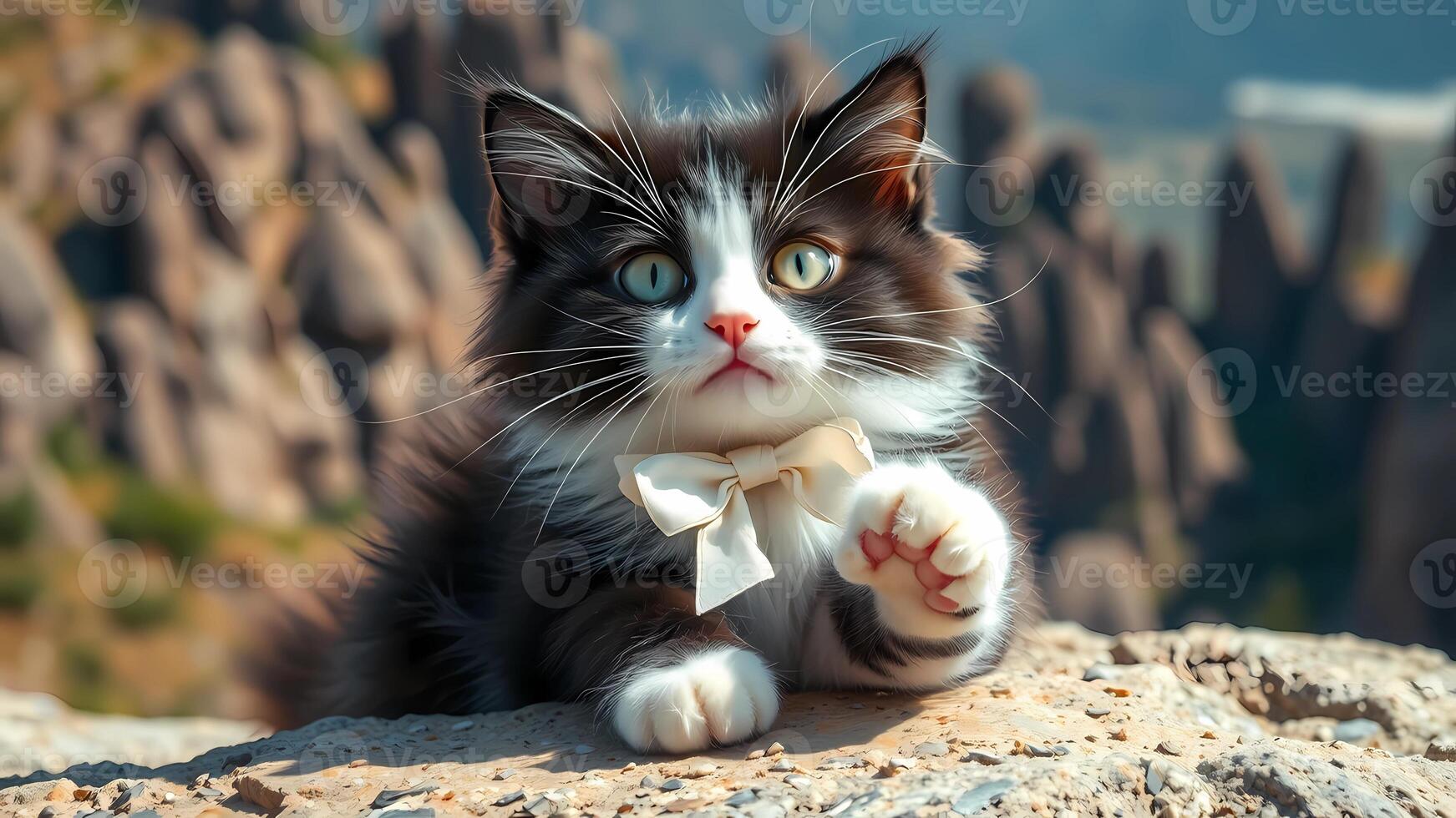 A black and white cat with a bow tie sitting on a rock photo