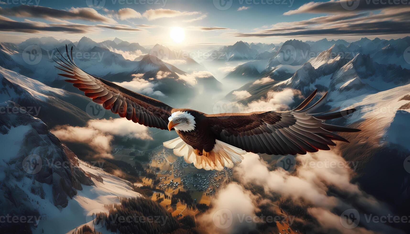 An eagle flying over the mountains with clouds in the background photo