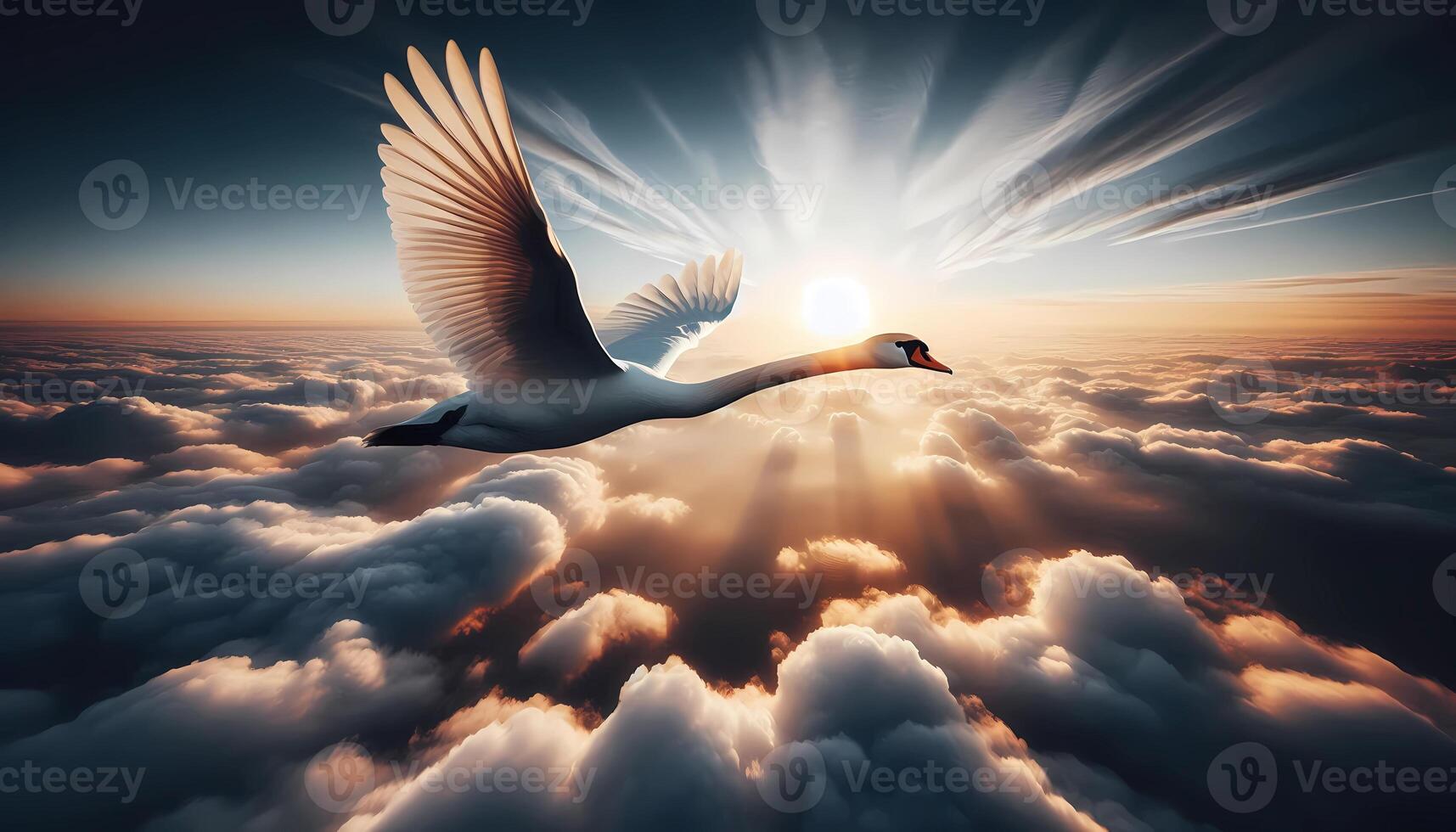 A swan flying over the clouds at sunset photo