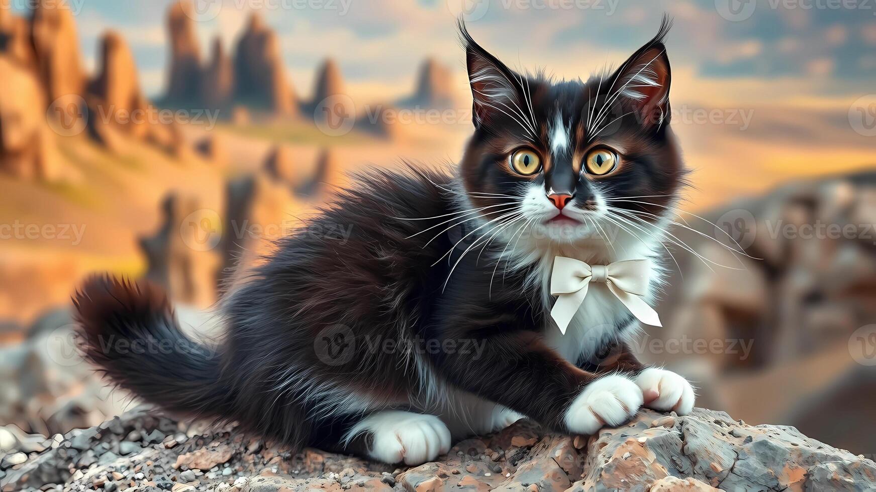 A black and white cat with a bow tie sitting on a rock photo