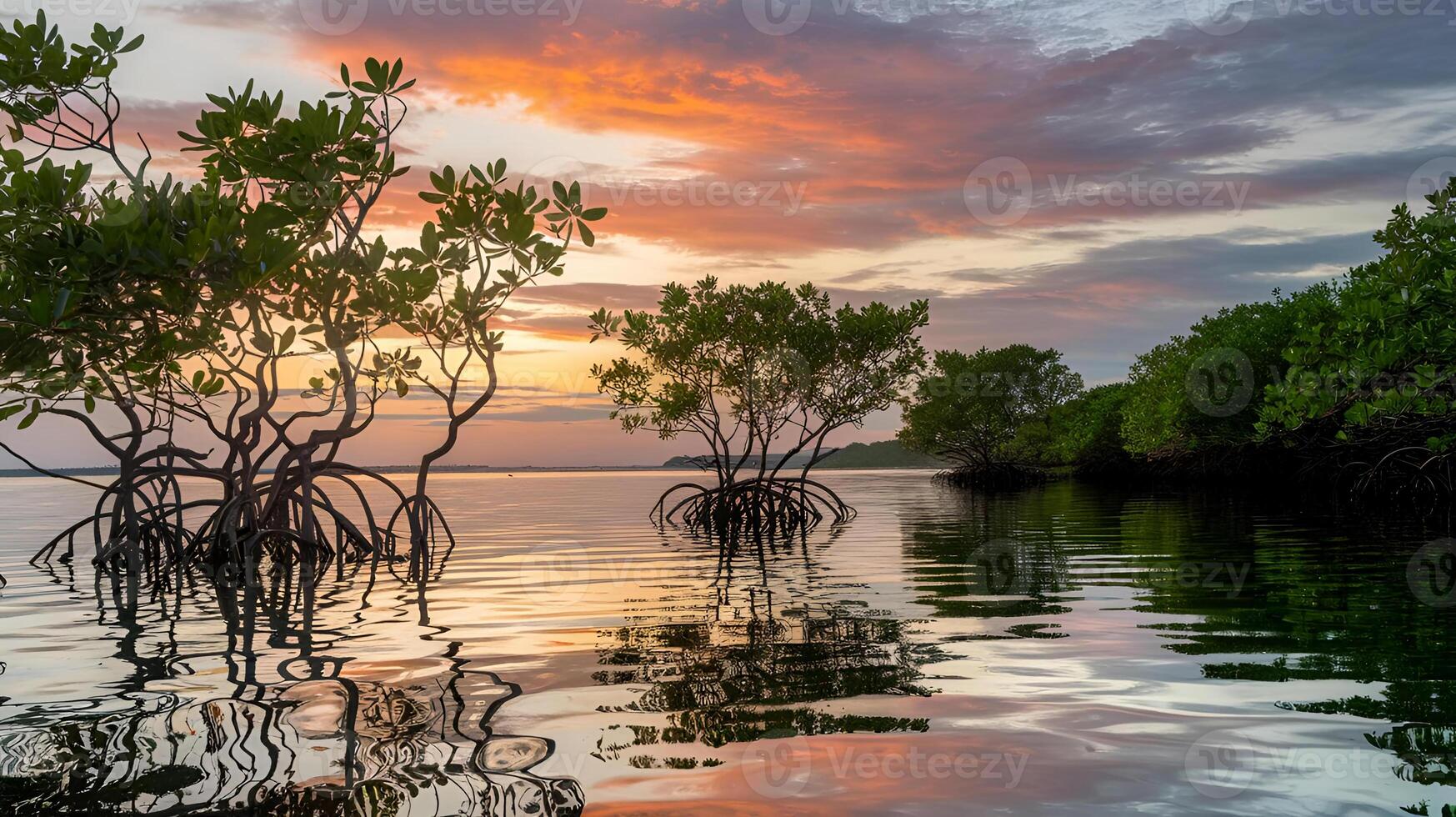 Sunset Serenity in Mangrove Forest. Peaceful Nature Background for Relaxation and Travel Concepts photo
