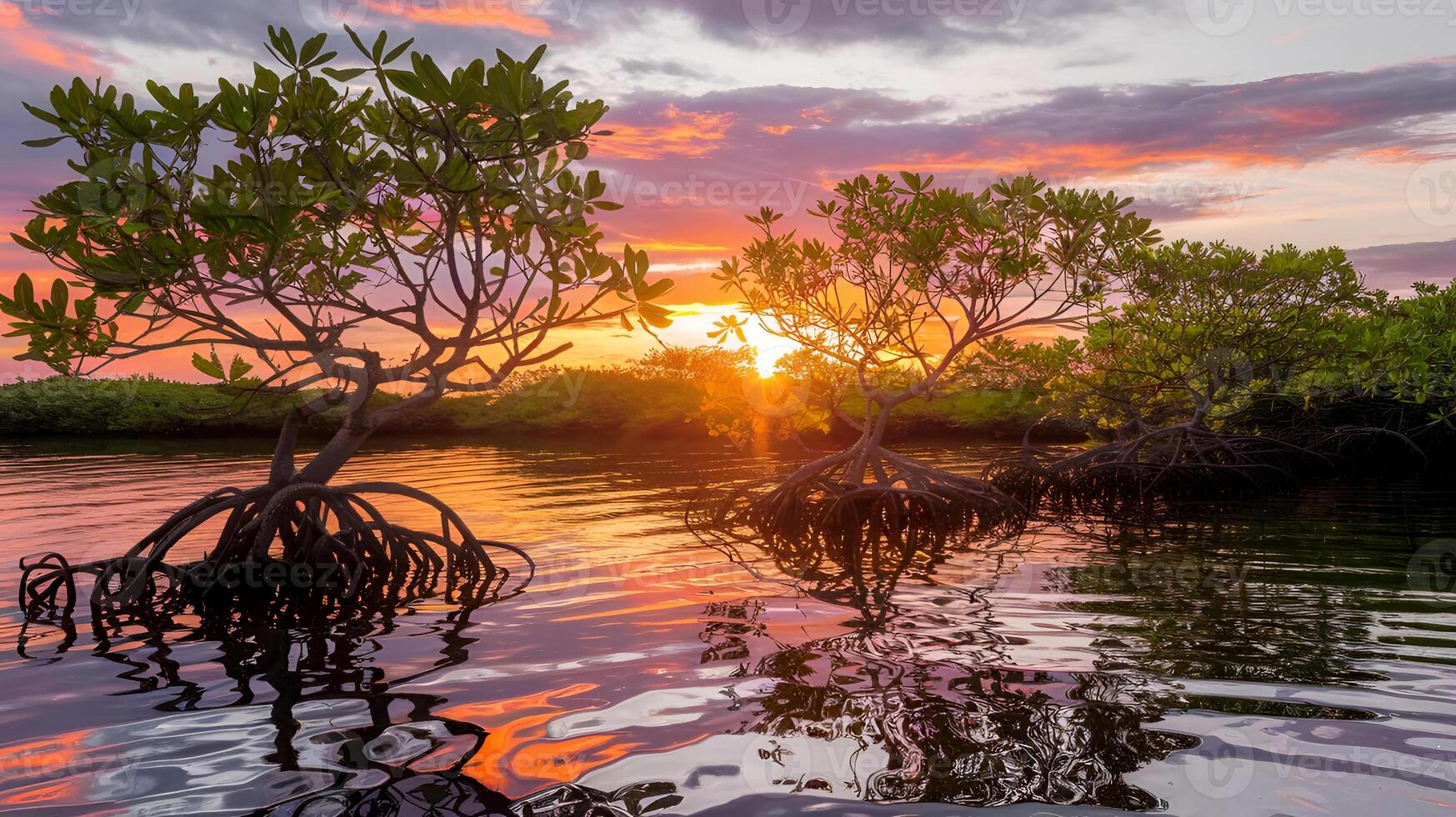 Sunset Serenity in Mangrove Forest. Peaceful Nature Background for Relaxation and Travel Concepts photo