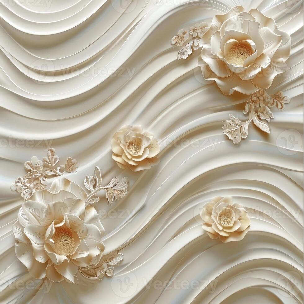 3d wallpaper background with wave pattern and peony flower decoration. photo