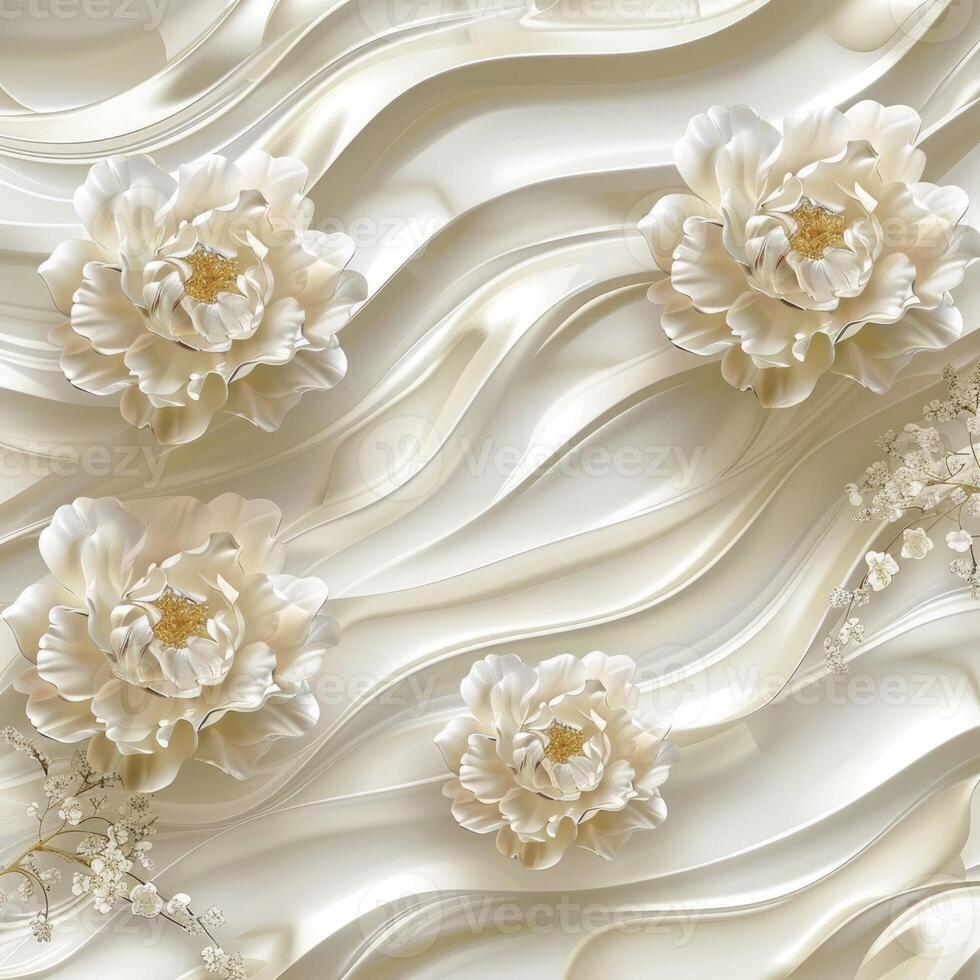 3d wallpaper background with wave pattern and peony flower decoration. photo