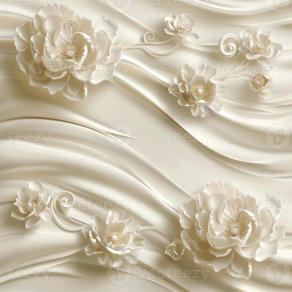 3d wallpaper background with wave pattern and peony flower decoration. photo