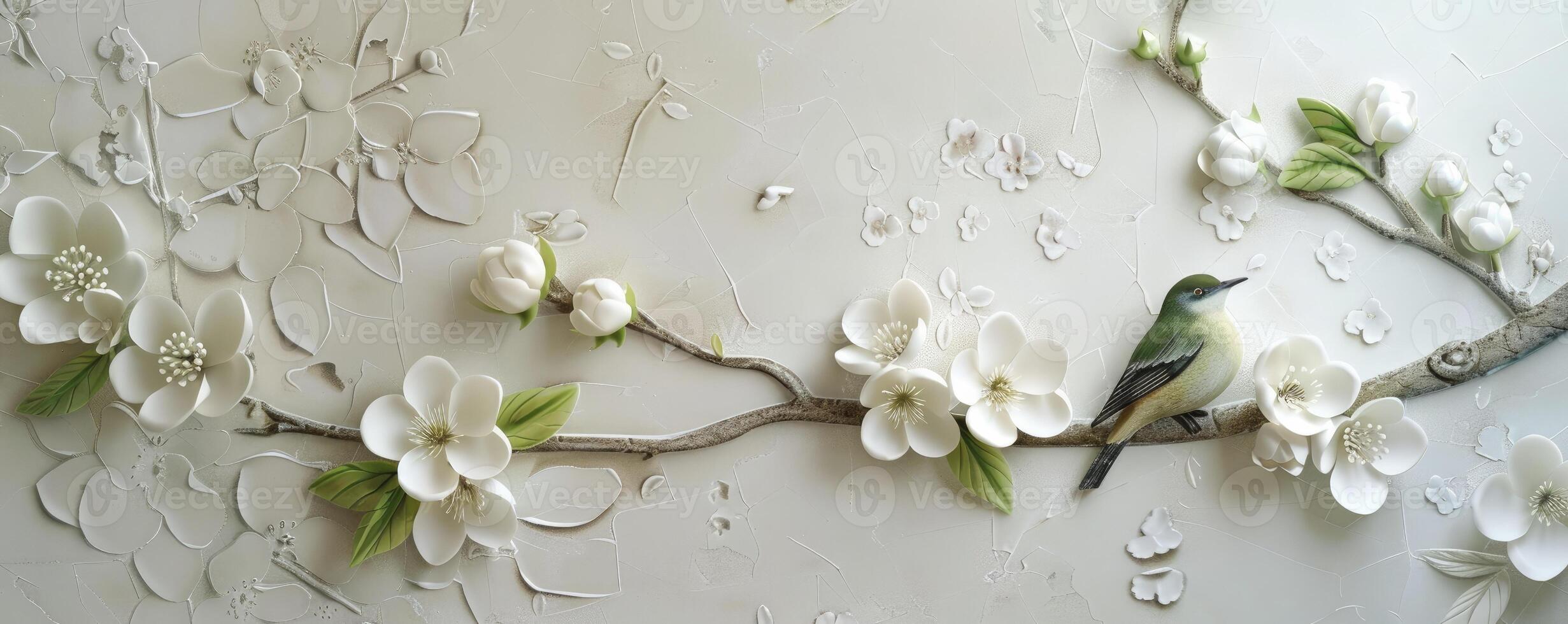 3D wallpaper background with white flowers and a green bird on a l branch. photo