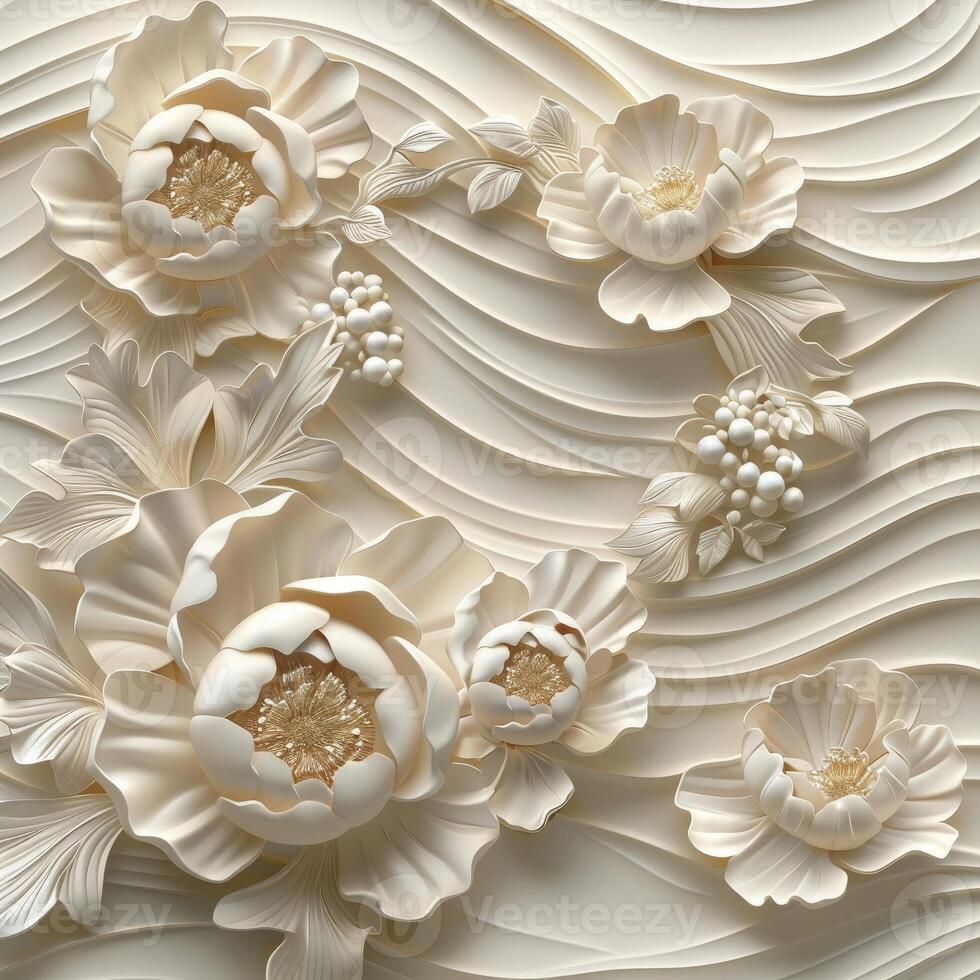 3d wallpaper background with wave pattern and peony flower decoration. photo