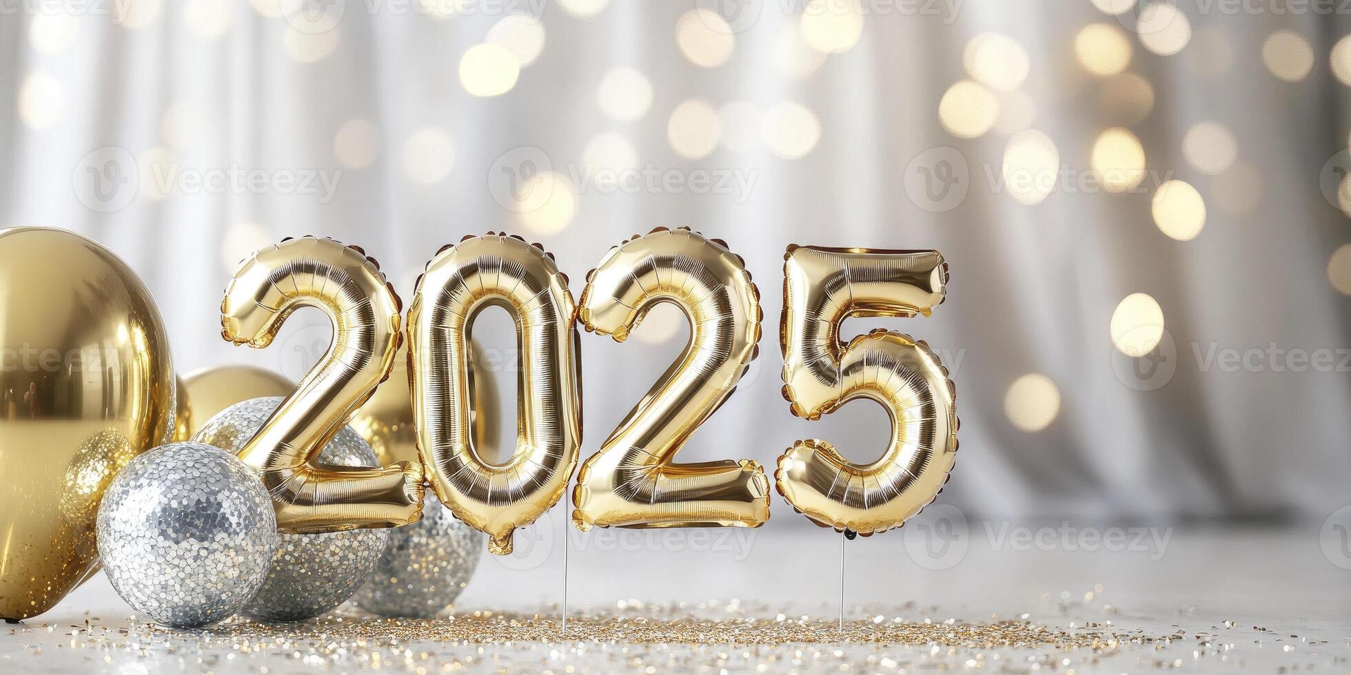 A gold balloon with the number 2025 on it. There are disco ball in the background photo