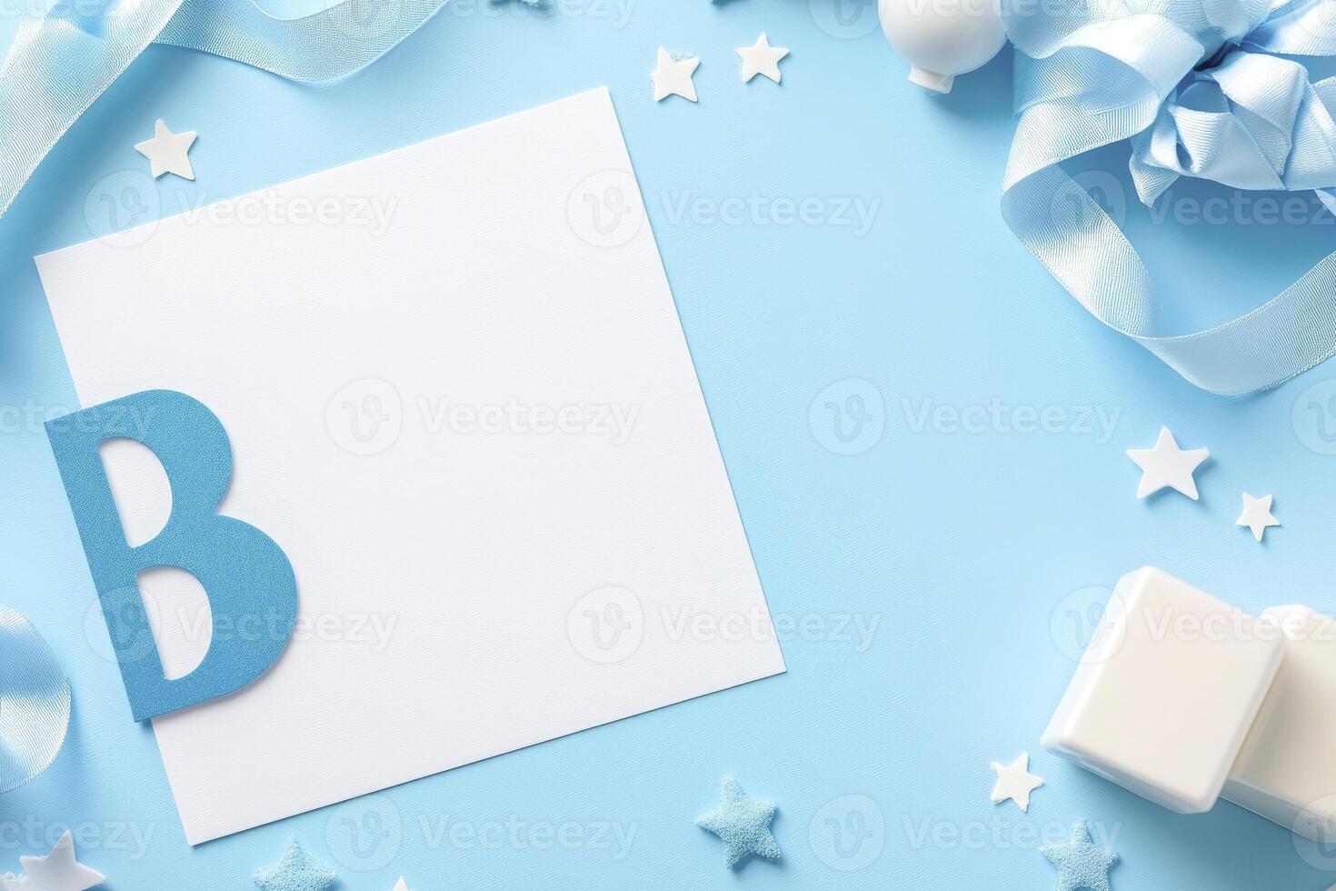 A blue letter B is on a blue background. There are stars and blocks in the background. photo