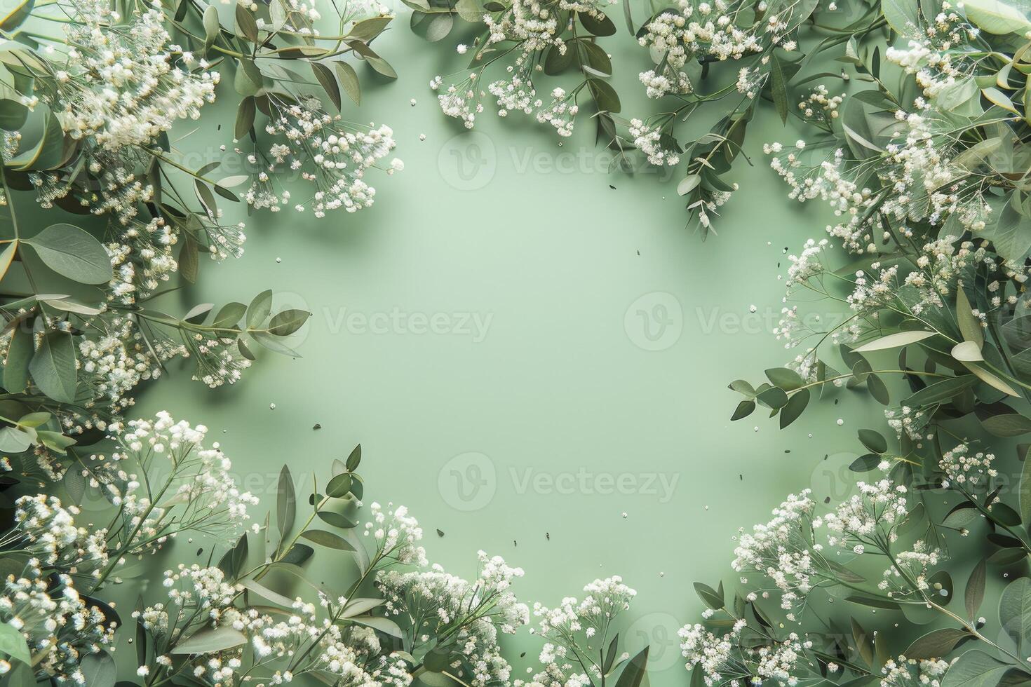 A wreath of white flowers and leaves on a green background photo