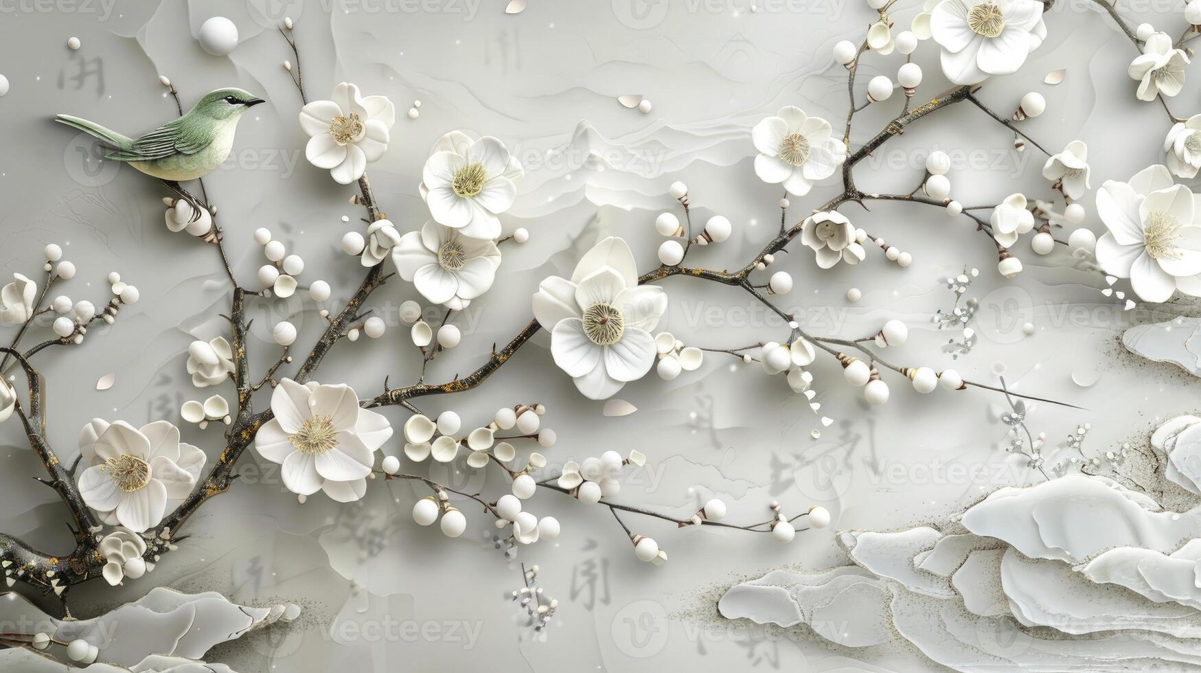3D wallpaper background with white flowers and a green bird on a l branch. photo