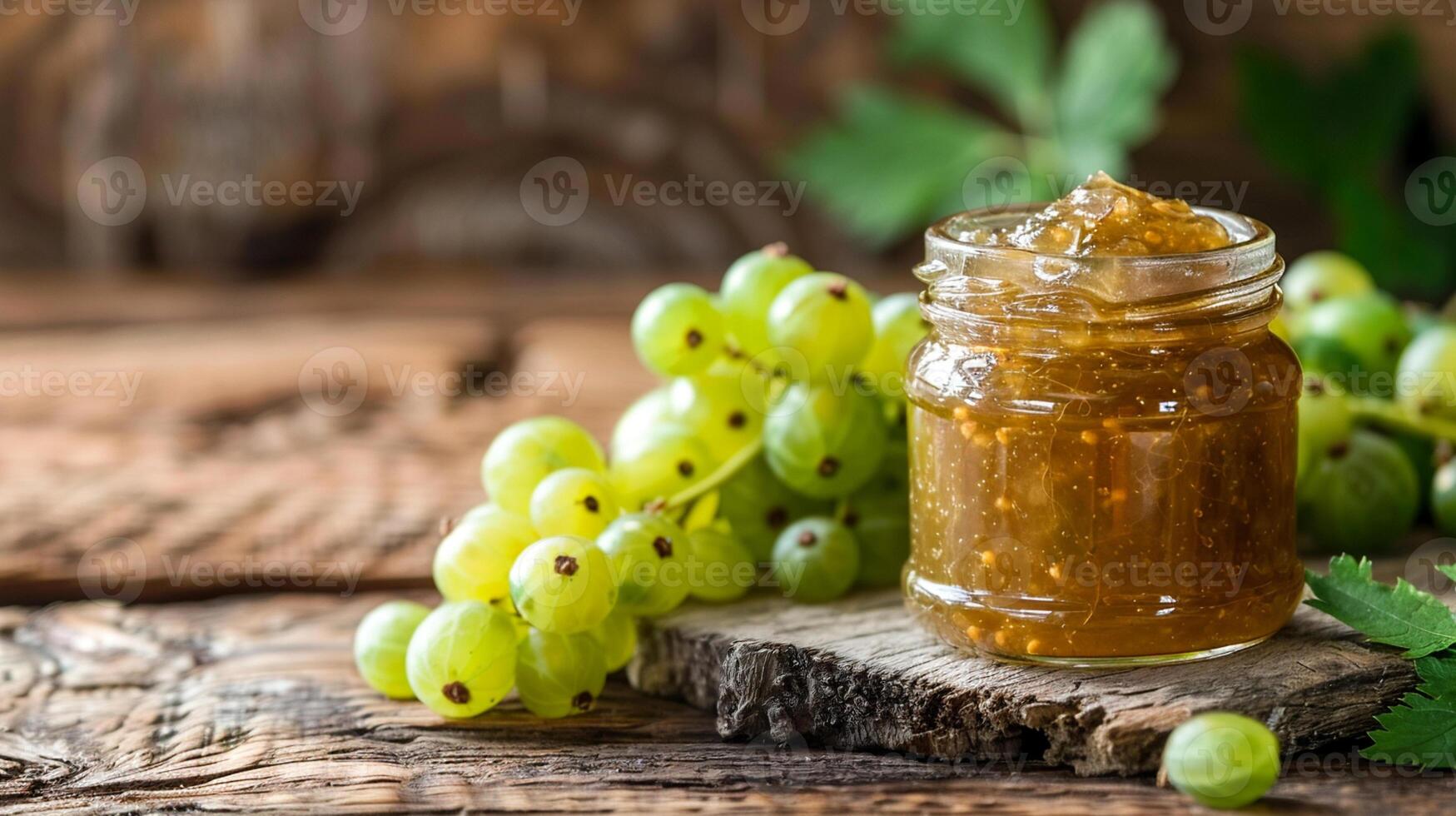 Jar of gooseberry jam placed on a rustic wooden surface, with fresh green gooseberries arranged nearby. photo