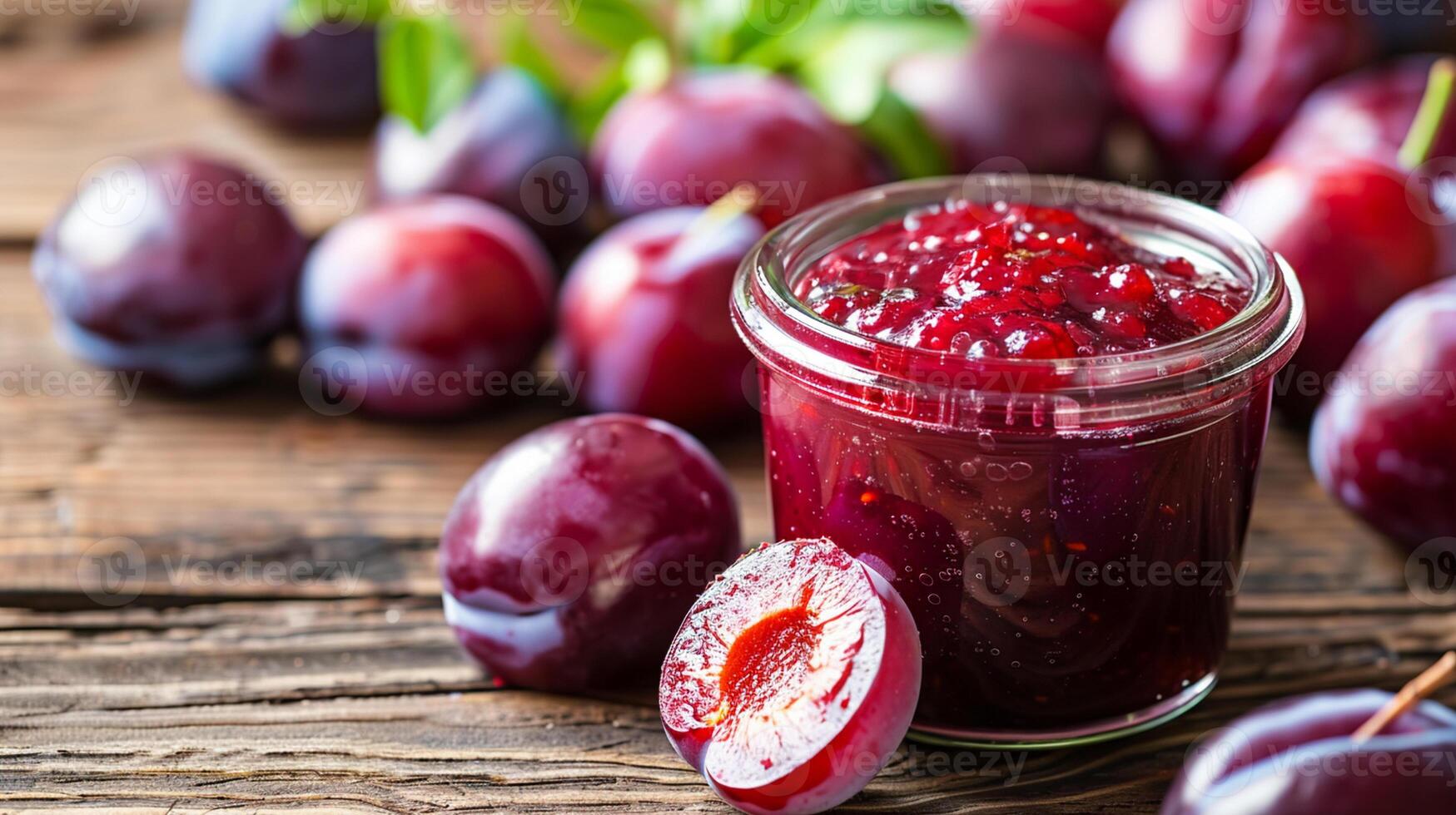 Jar of fresh plum jam with whole and halved plums on a rustic wooden table, surrounded by ripe fruit photo