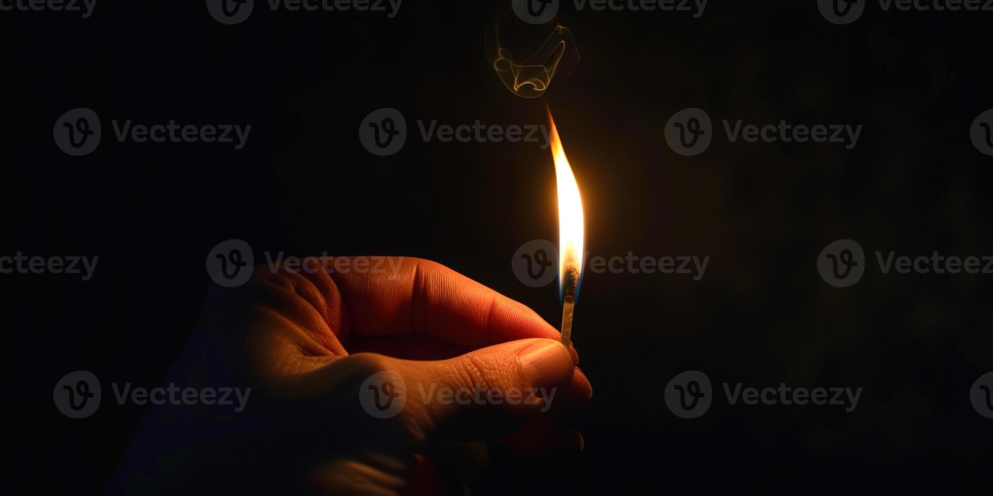 A person holding a lit match in the dark photo
