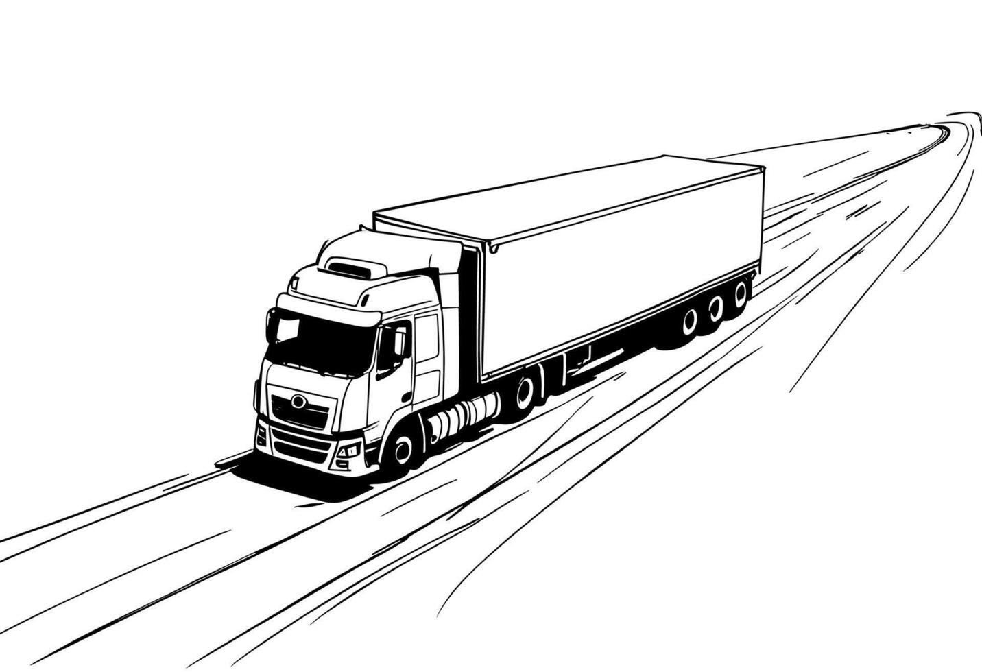 Black and White Illustration of a Semi-Truck on Highway vector