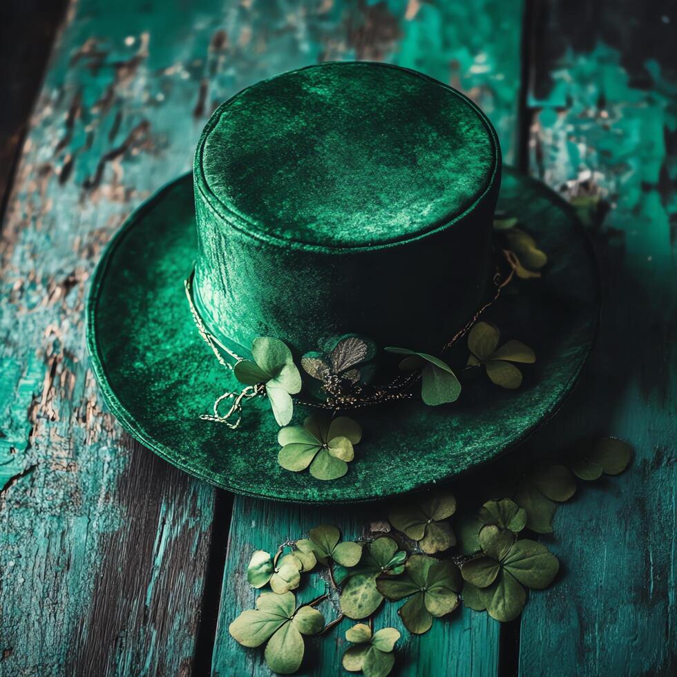 Green leprechaun hat and shamrocks, St. Patrick's cutout background. photo