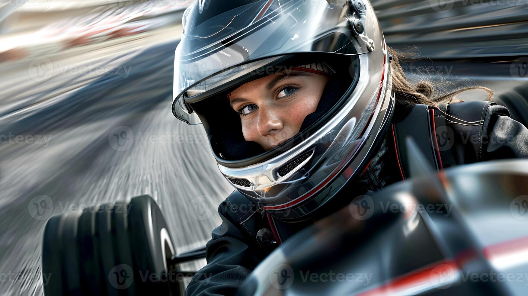 Girl in a helmet on a racing car photo