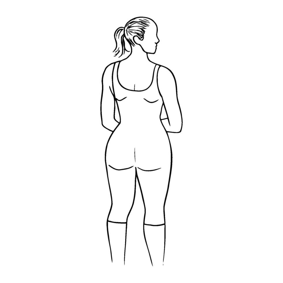 drawing a curvy woman with an athletic build in a sports bodysuit stands with her back - hand drawn sketch vector