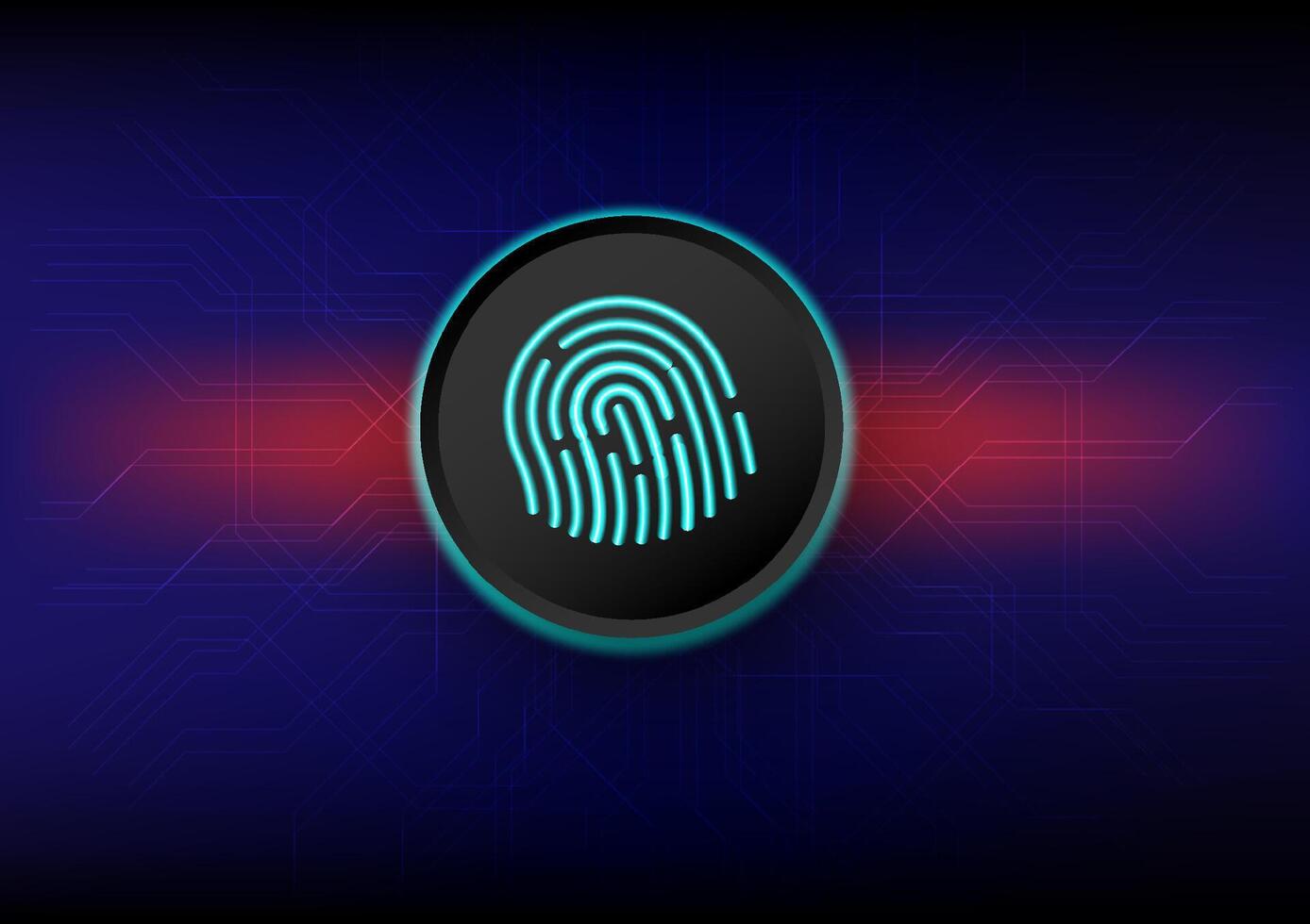 Cybercrime concept. The black button of fingerprint on blue and red light and circuit technology background. Security systems, protect digital data. Internet and personality protection. vector