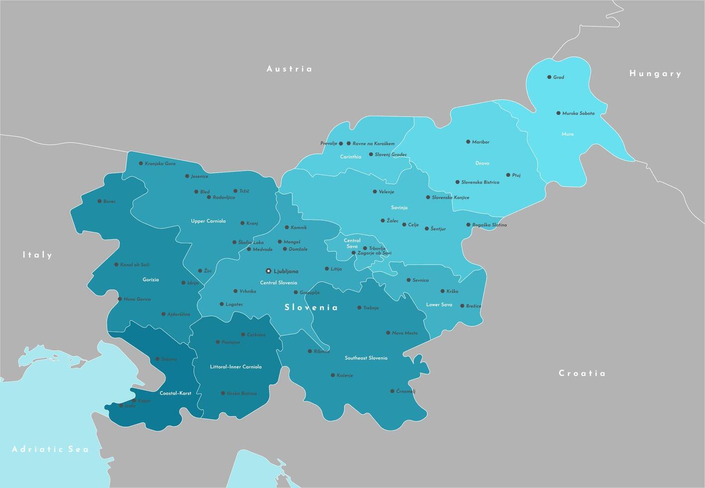 modern illustration. Simplified administrative map of Slovenia. Border with nearest states Austria, Croatia, Italy and etc. Blue background of Adriatic sea. Names of cities and regions vector