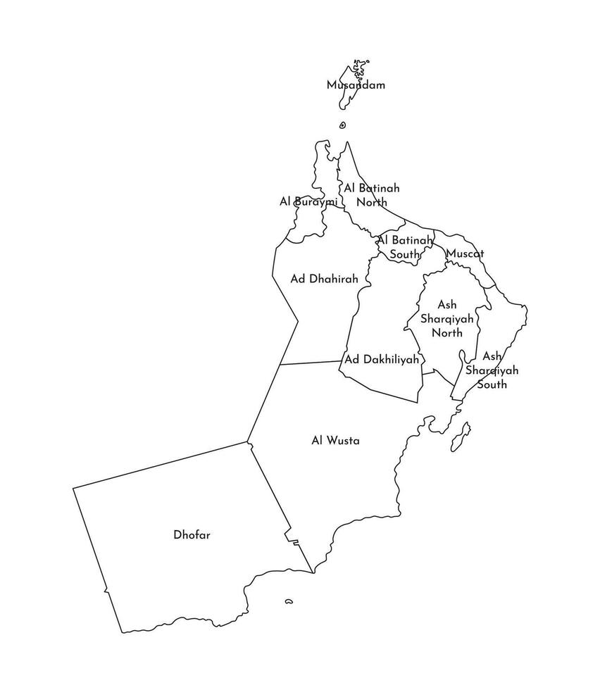 isolated illustration of simplified administrative map of Oman. Borders and names of the regions, governorates. Black line silhouettes vector