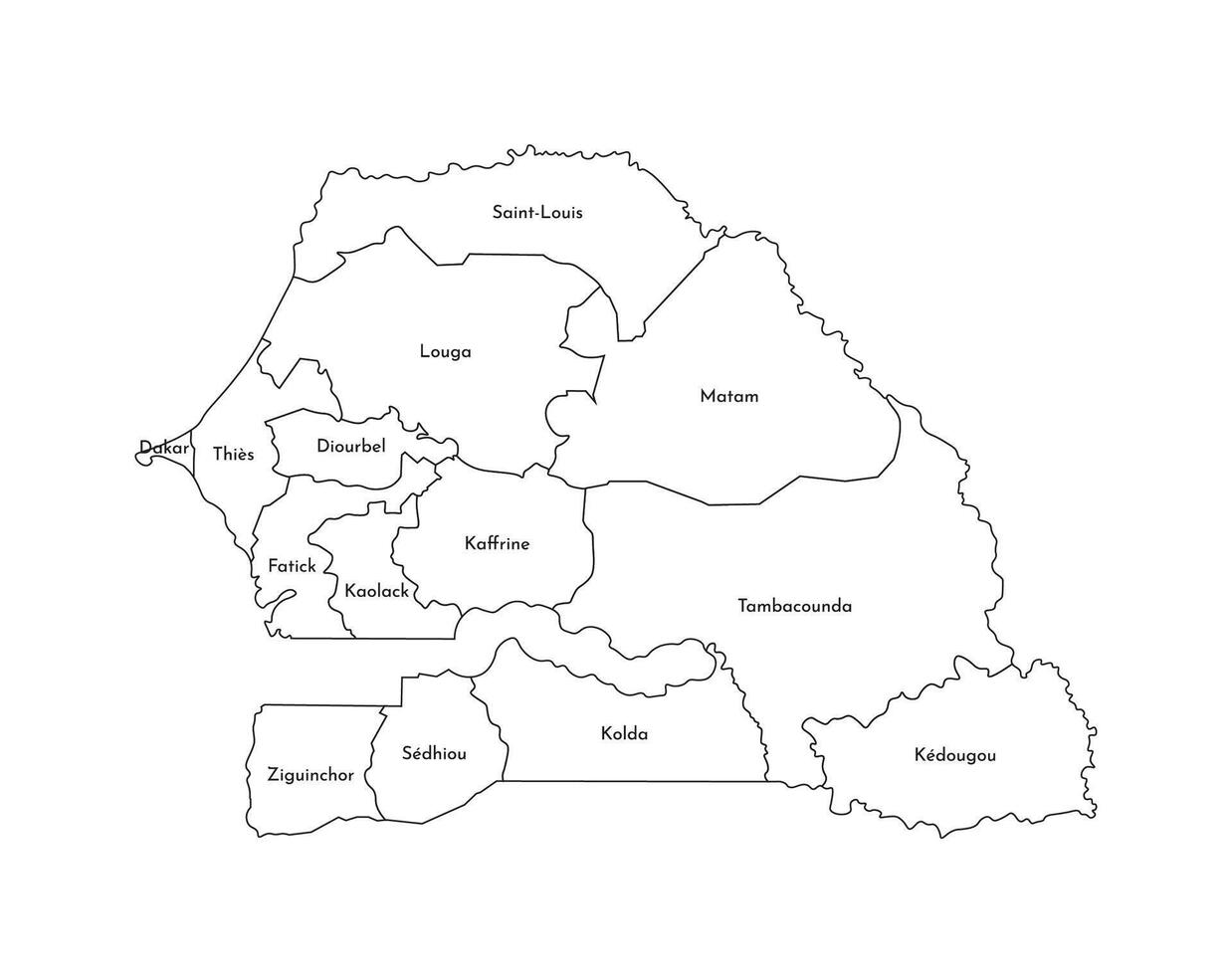 isolated illustration of simplified administrative map of Senegal. Borders and names of the regions. Black line silhouettes. vector