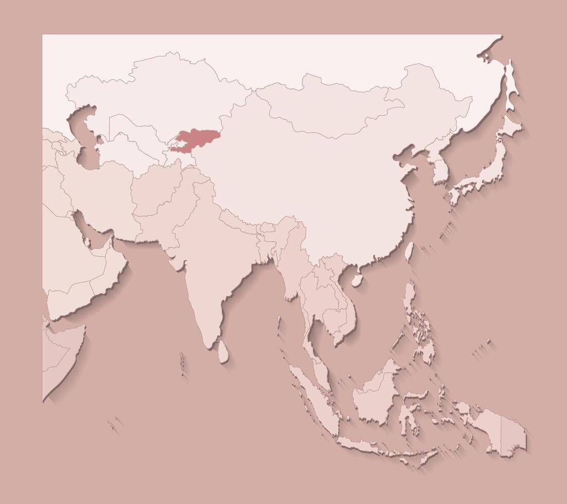 illustration with asian areas with borders of states and marked country Kyrgyzstan. Political map in brown colors with regions. Beige background vector