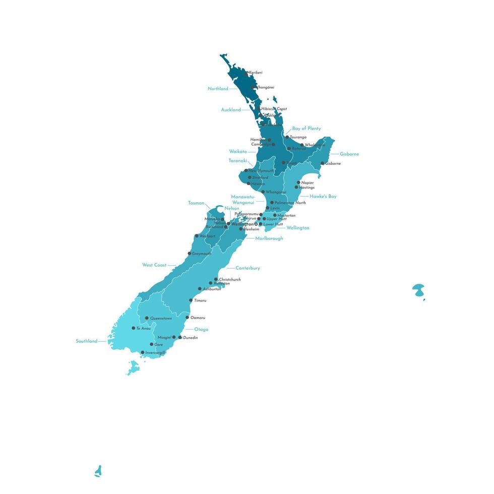 modern isolated illustration. Simplified administrative map of New Zealand. Border of regions. Names of cities and provinces. White background vector