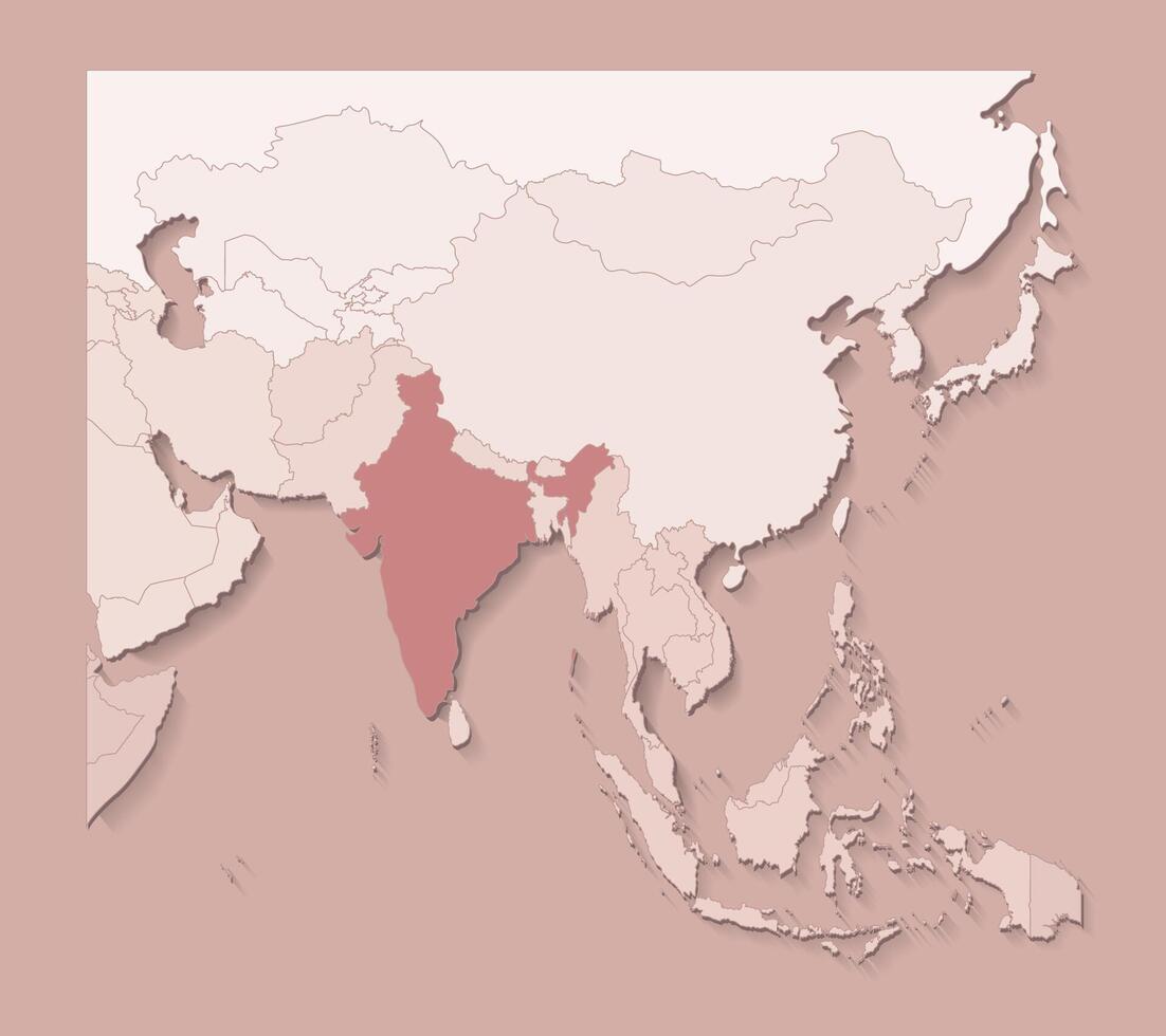 illustration with asian areas with borders of states and marked country India. Political map in brown colors with regions. Beige background vector
