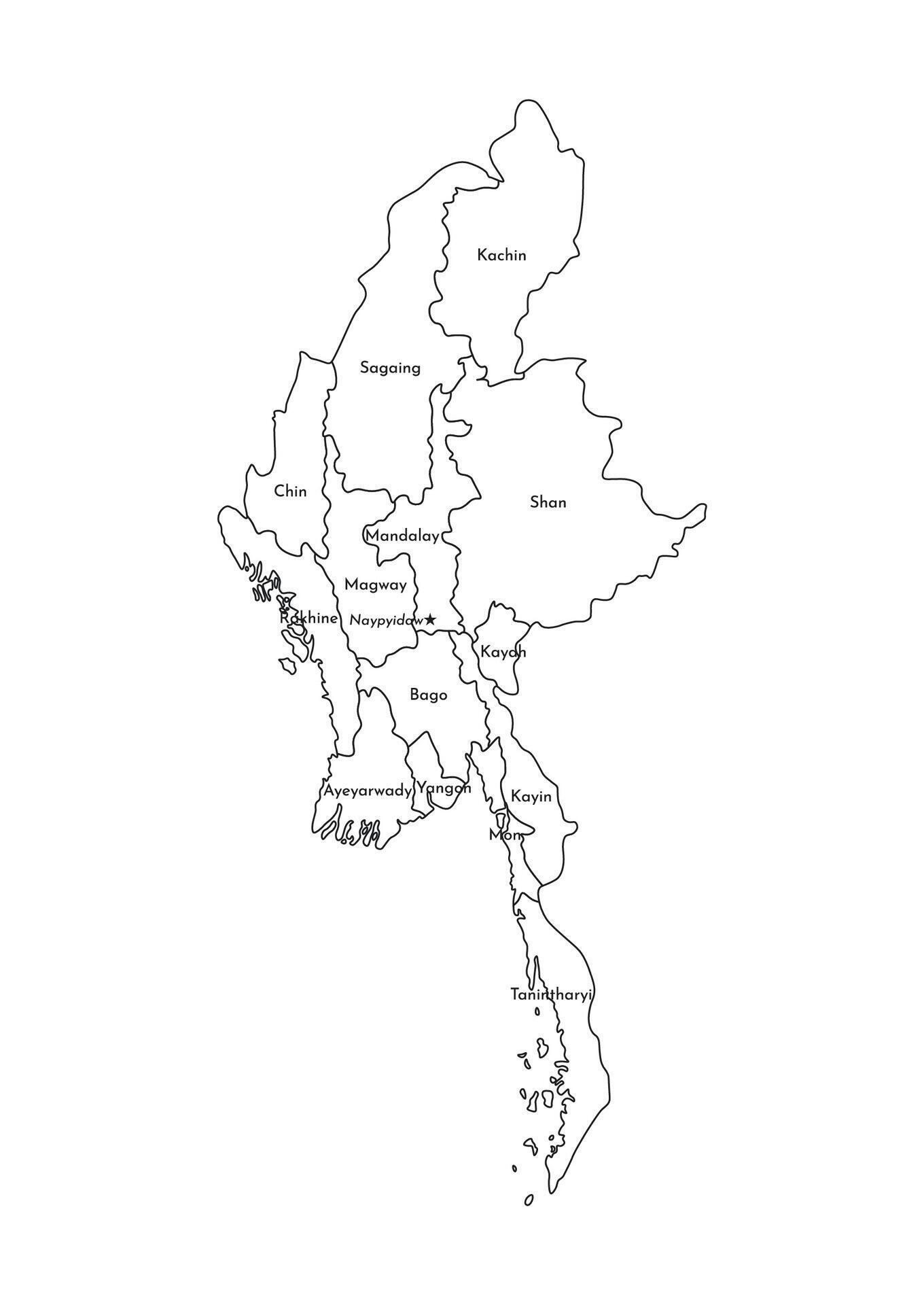 isolated illustration of simplified administrative map of Myanmar