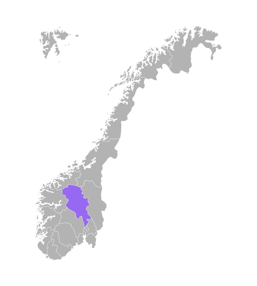 isolated simplified illustration with grey silhouette of Norway, violet contour of Oppland region and white outlines of norwegian borders. White background vector