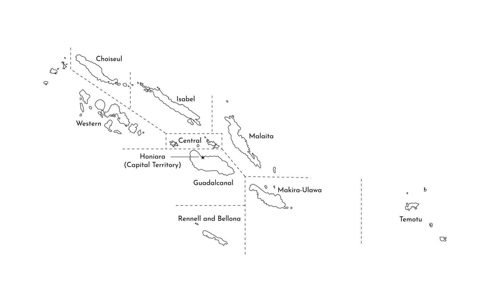 isolated illustration of simplified administrative map of Solomon Islands. Borders and names of the provinces, regions. Black line silhouettes. vector