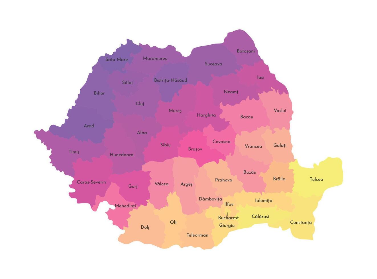isolated illustration of simplified administrative map of Romania. Borders and names of the counties. Multi colored silhouettes. vector