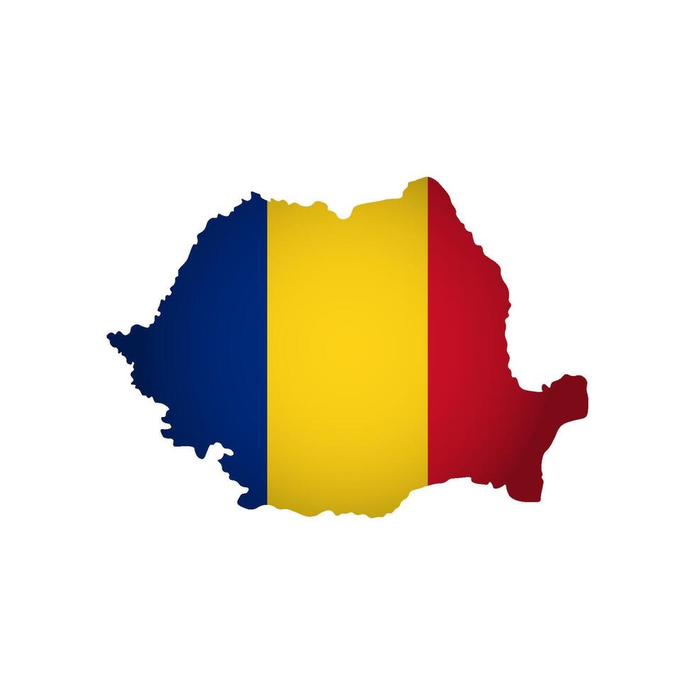 isolated illustration with Romanian national flag with shape of Romania map simplified. Volume shadow on the map. White background vector