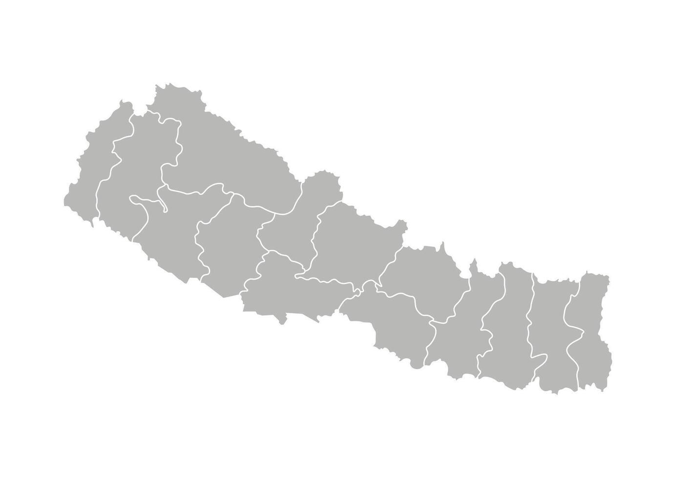 isolated illustration of simplified administrative map of Nepal. Borders of the zones, regions. Grey silhouettes. White outline. vector