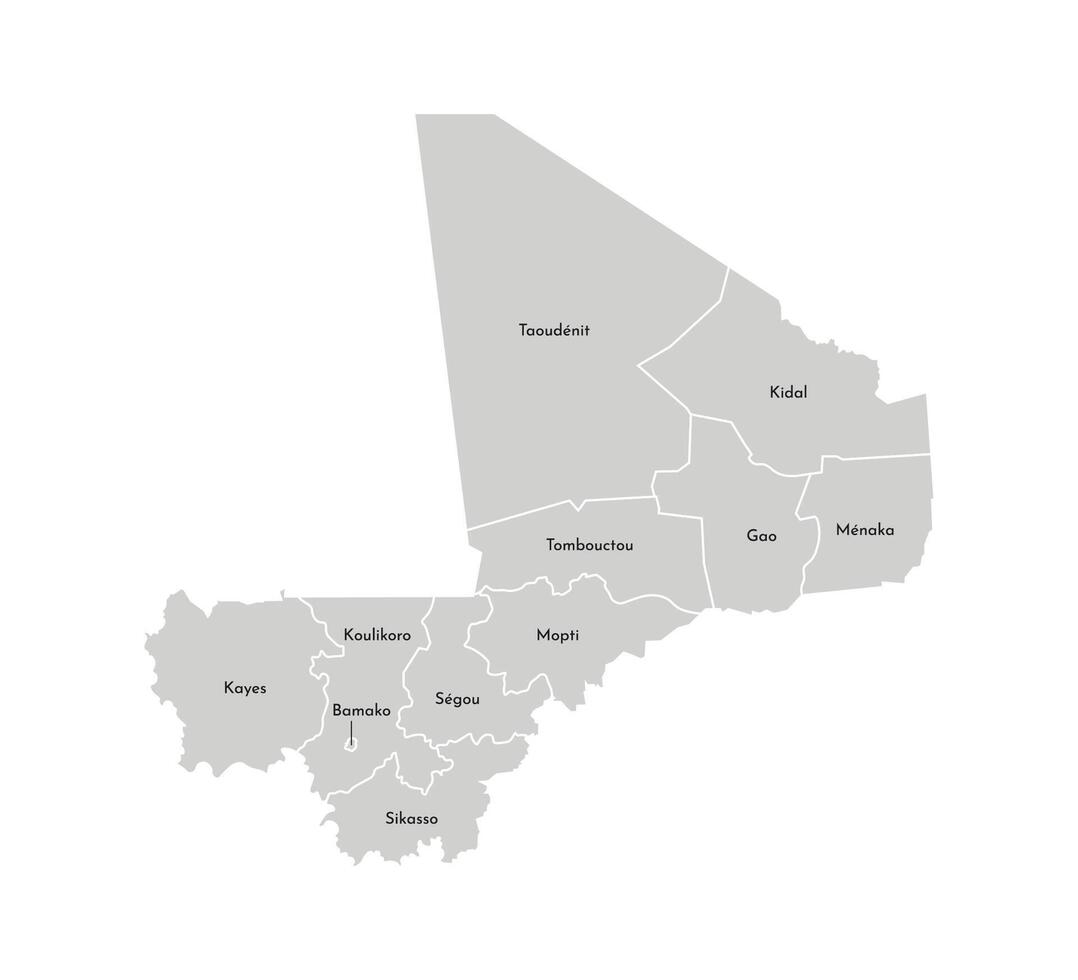 isolated illustration of simplified administrative map of Mali. Borders and names of the regions. Grey silhouettes. White outline vector