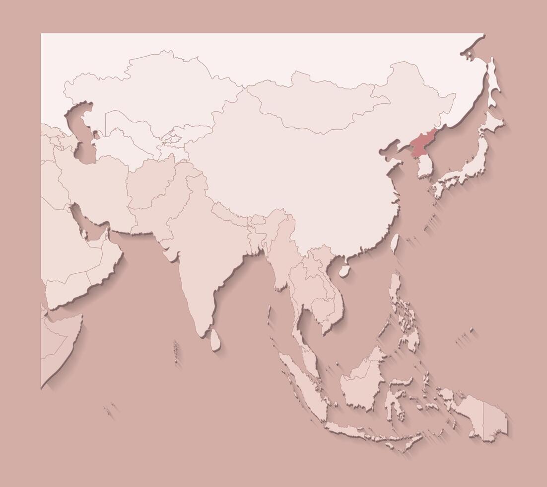 illustration with asian areas with borders of states and marked country North Korea. Political map in brown colors with regions. Beige background vector