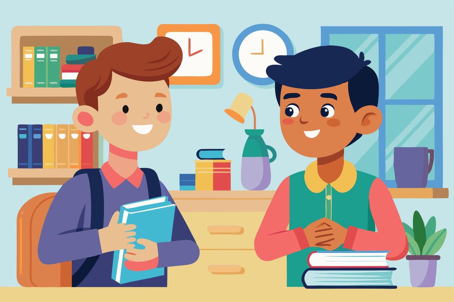 two boys are talking in the classroom vector